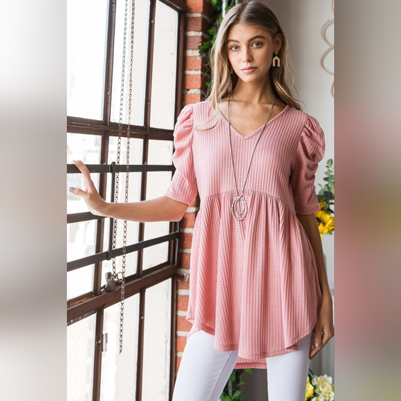 New Launch From Designer HEIMISH Full Size Waffle Knit V-Neck Babydoll Top - Picture 3 of 13